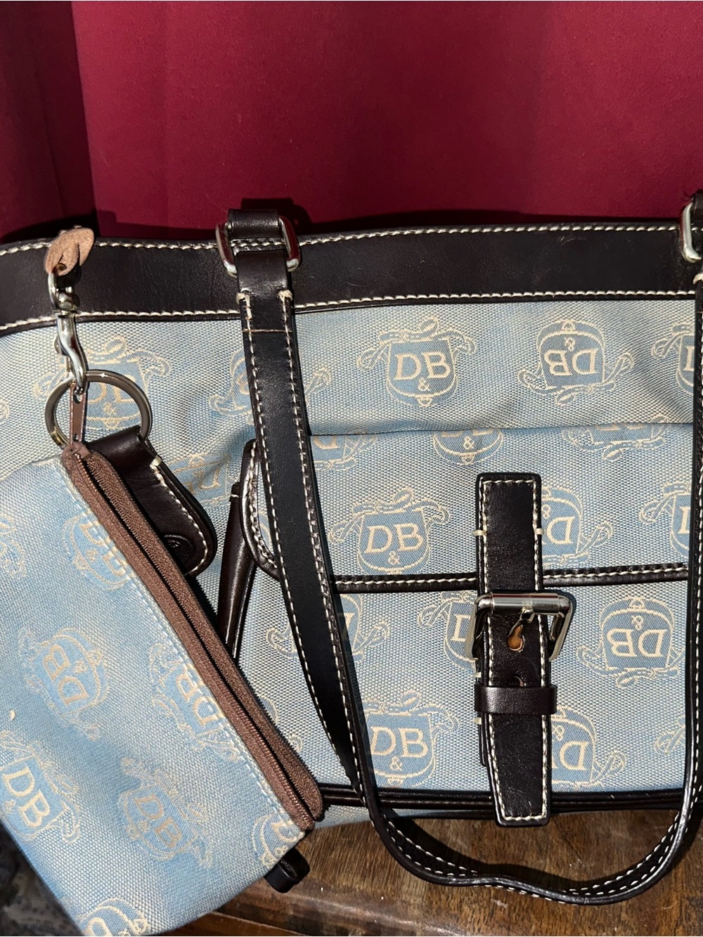 Dooney & Bourke Light Blue Monogram Shoulder Bag with Dark Brown Trim and Pouch